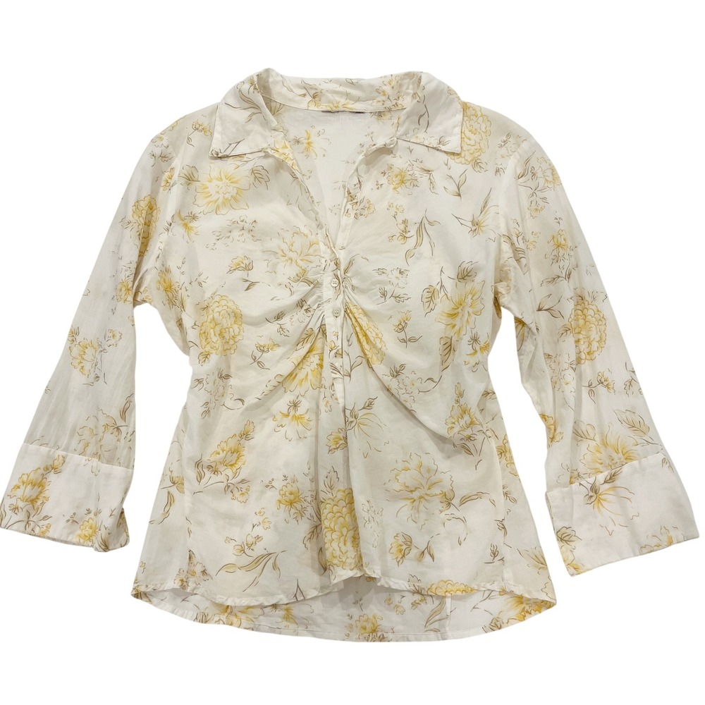 Vintage 90s Floral Ruched Button Front Blouse Yellow Cream Top Boho Cottage
